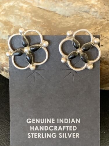 Navajo Black Onyx Stud Post Earrings | Sterling Silver | 0.5" | Authentic Native American Handmade | 12644