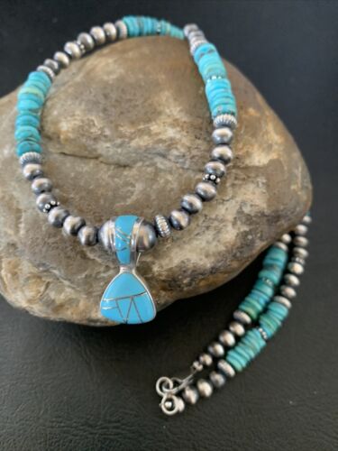 Navajo Pearl Necklace with Blue Turquoise Inlay Pendant | Sterling Silver | Authentic Native American Handmade | 12500