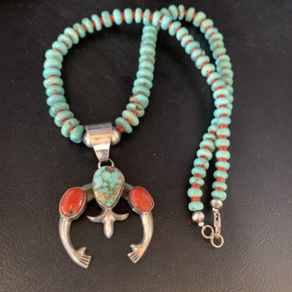 Navajo Sterling Silver Necklace | Blue Turquoise & Coral Naja Pendant | Authentic Native American Handmade | 13744