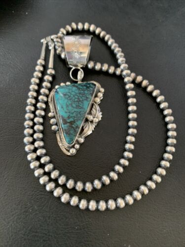 Men's Navajo Blue Spiderweb Turquoise Pendant Necklace | Sterling Silver | Authentic Native American Handmade | 10662