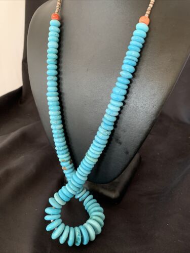 Navajo Pearls Bead Necklace with Blue Turquoise | Sterling Silver | 28" | Authentic Native American | 12537