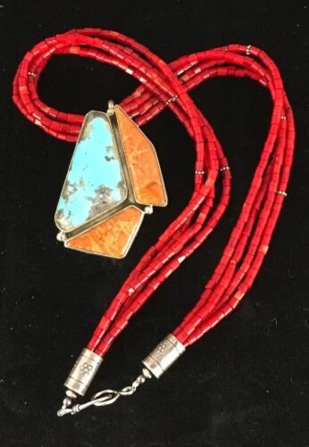 Navajo Spiny Oyster & Turquoise Pendant | Sterling Silver Coral Bead Necklace | Multi-Strand | 8477