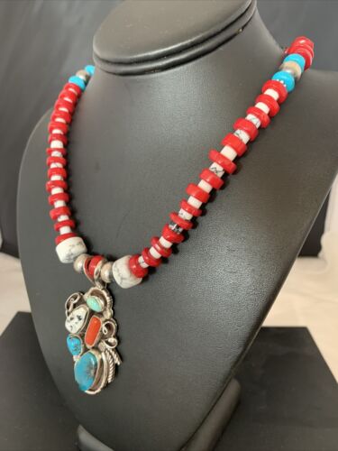 Navajo Coral, White Buffalo Turquoise, Spiny Oyster Pendant | Authentic Native American Sterling Silver | Multi-Stone | 1178