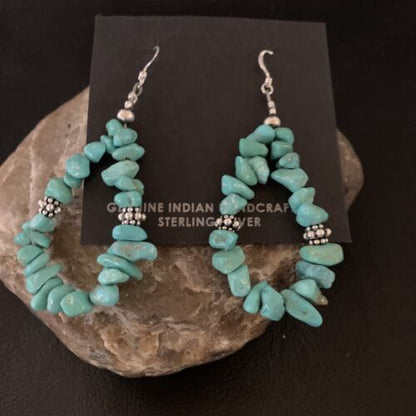 Navajo Turquoise Bead Nugget Earrings | Sterling Silver Pearls | 2" | Authentic Native American Handmade | 12888
