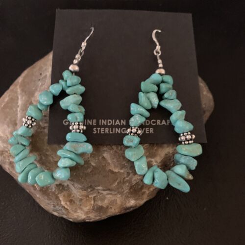 Navajo Turquoise Bead Nugget Earrings | Sterling Silver Pearls | 2" | Authentic Native American Handmade | 12888