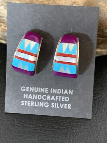 Navajo Multi-Color Turquoise Sugilite Inlay Earrings | Sterling Silver | 0.50" | 12998