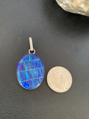 Navajo Sterling Silver Peacock Blue Opal Inlay Pendant | Men's Women's | Authentic Native American | 13141