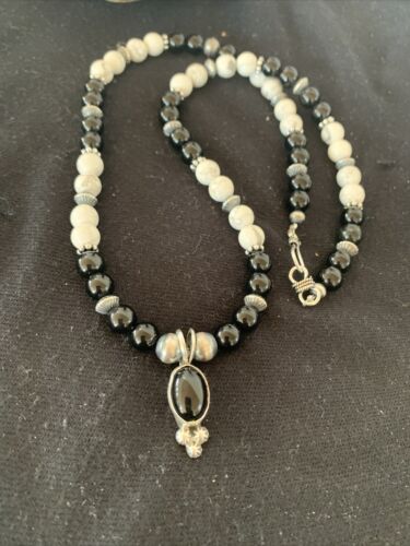 Navajo Black Onyx & White Buffalo Pendant Necklace | Sterling Silver | Authentic Native American Handmade | 01099