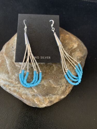 Handmade Liquid Silver Heishi Dangle Earrings | Blue Turquoise | Sterling Silver | 2" | 13049