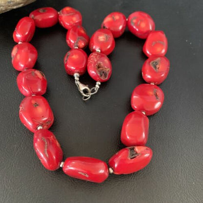 Native American Navajo Red Coral Bead Necklace | Sterling Silver | 18" | 13407