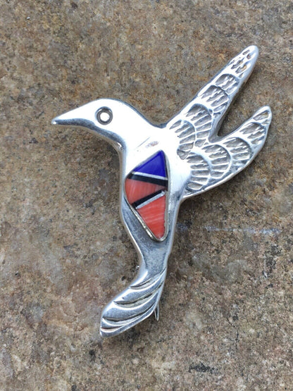 Navajo Spiny Oyster Lapis Hummingbird Pin | Sterling Silver | Authentic Native American Handmade | 2902