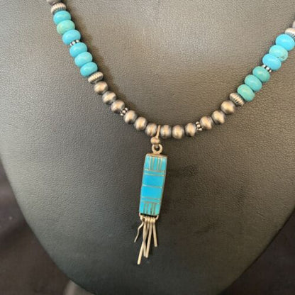 Navajo Blue Turquoise Pendant Necklace | Sterling Silver | Authentic Native American Handmade | 13835 - Masha USA