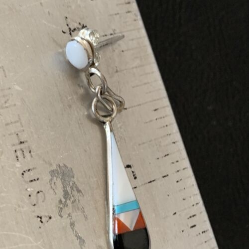 Old Pawn Zuni Multi-Color Turquoise Onyx Inlay Earrings | Sterling Silver | Authentic Native American Handmade | 2043
