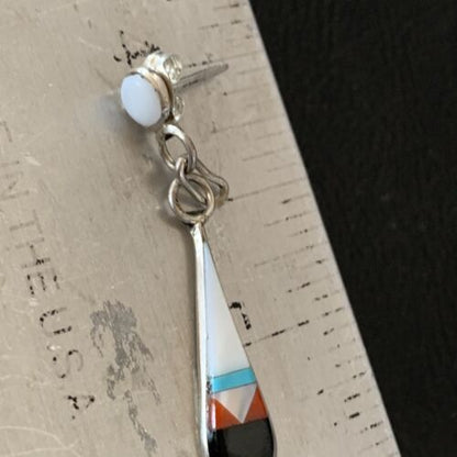 Old Pawn Zuni Multi-Color Turquoise Onyx Inlay Earrings | Sterling Silver | Authentic Native American Handmade | 2043