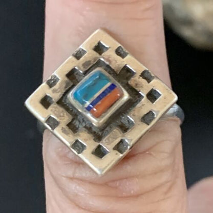 Native American Women's Navajo Green Turquoise Coral Inlay Ring | Sz 7.5 | 13159