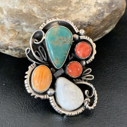 Navajo Blue Kingman Turquoise and Spiny Oyster Ring | Authentic Native American Sterling Silver | Multi-Stone | Sz 12.5 | 02163 - Masha USA