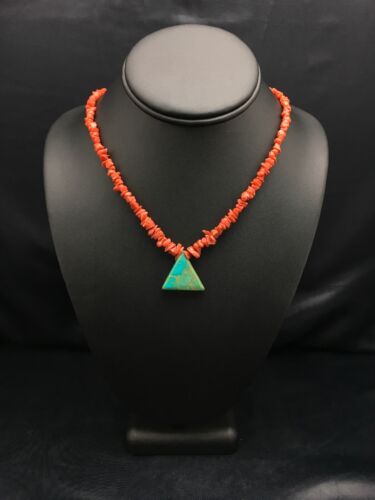 Kingman Turquoise and Coral Pendant Necklace | Sterling Silver | Old Pawn | 19" | 4008
