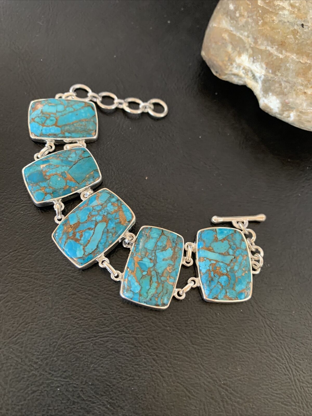 Navajo Blue Mojave Turquoise Link Bracelet | Sterling Silver | 8" | Authentic Native American Handmade | 11628