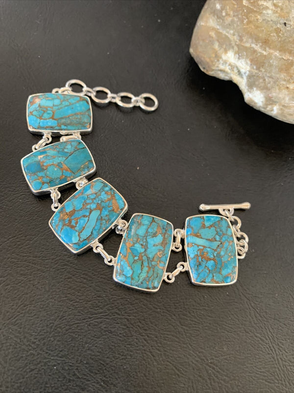 Navajo Blue Mojave Turquoise Link Bracelet | Sterling Silver | 8" | Authentic Native American Handmade | 11628