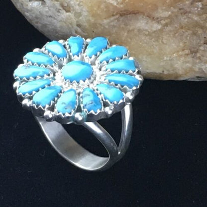 Navajo Blue Kingman Turquoise Cluster Ring | Authentic Native American Sterling Silver | Multi-Stone | Sz 7 | 10114