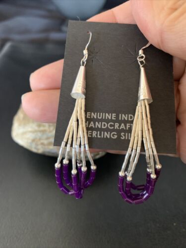 Handmade Liquid Silver Heishi Tube Beads Sugilite Earrings | Sterling Silver | 2" | 13048