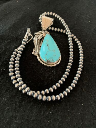 Men's Kingman Turquoise Pendant | Navajo Pearls Sterling Silver Necklace | Authentic Native American Handmade | 4299