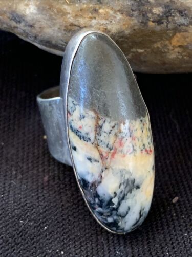 Southwestern Navajo Cinnabrite Ring | White Black | Sterling Silver | Sz 7.5 | 1557