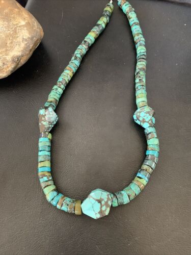 Chunky Men's Navajo Spiderweb Turquoise Heishi Sterling Necklace | 21" | 124506 - Masha USA