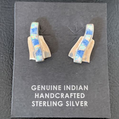Navajo Blue Denim Lapis Opal Inlay Earrings | Sterling Silver | Women's Southwestern | 12900