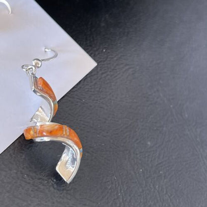 Navajo Snake Swirl Earrings | Orange Spiny Opal Inlay | Sterling Silver | 1.25" | Authentic Native American Handmade | 1549