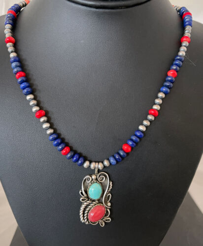 Navajo Pearls Sterling Silver Pendant Necklace | Lapis, Turquoise & Coral | Native American Handmade | 01176
