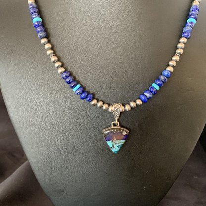 Men's Navajo Pendant | Blue Lapis Turquoise Opal Sterling Necklace 22" | Handmade Jewelry 13390