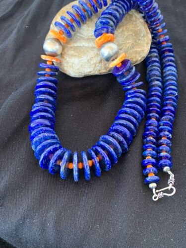 Authentic Native American Navajo Sterling Silver Beads Necklace Set | Lapis & Spiny Oyster| 30" | 11856
