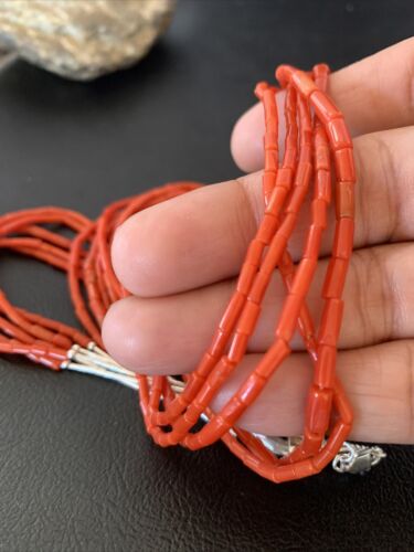 Southwestern Natural Red Coral Heishi Necklace | 5 Strand | Sterling Silver | 20" | 1217