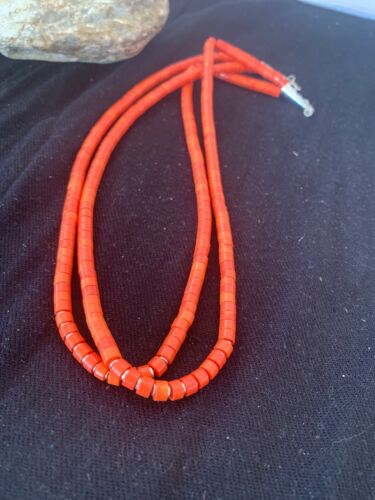 Navajo Apple Coral Tube Heishi Bead Necklace | 2 Strand | Sterling Silver | Authentic Native American Handmade | 4700