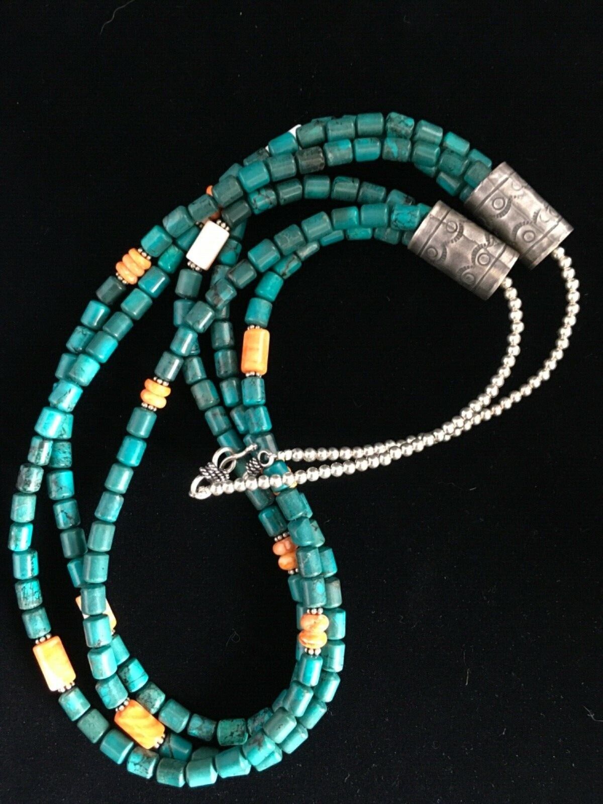 Navajo Sterling Silver Blue Spiderweb Turquoise Spiny Necklace | 3-Strand | 24" | 1774