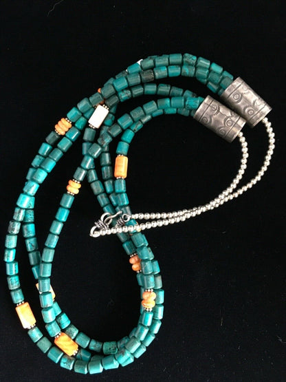 Navajo Sterling Silver Blue Spiderweb Turquoise Spiny Necklace | 3-Strand | 24" | 1774