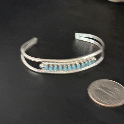 Zuni Blue Turquoise Needle Point Cuff Inlay Bracelet | Sterling Silver | Authentic Native American Handmade | 14594