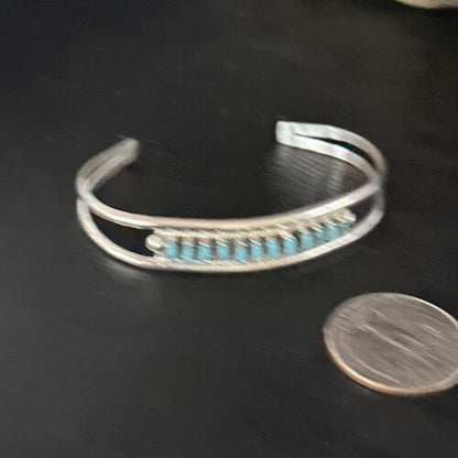 Zuni Blue Turquoise Needle Point Cuff Inlay Bracelet | Sterling Silver | Authentic Native American Handmade | 14594