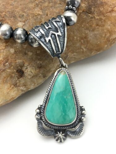Navajo Green Turquoise Pendant Necklace | Sterling Silver | Authentic Native American Handmade | 2646