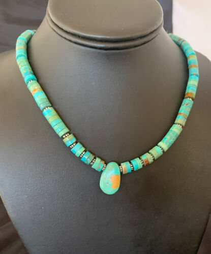 Navajo Green Turquoise Heishi Necklace | Sterling Silver | 22" | Authentic Native American Handmade | 11814