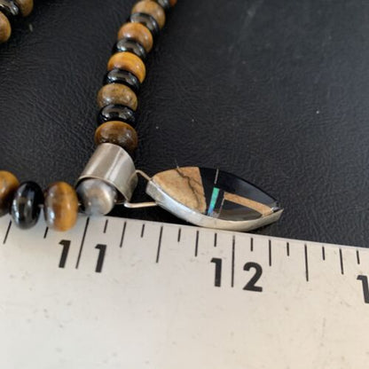 Navajo Sterling Silver Inlay Necklace with Black Onyx, Tigers Eye, Picture Jasper | 22" | 13761