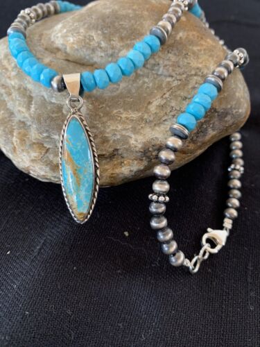 Navajo Blue Faceted Turquoise Pendant Necklace | Sterling Silver | Authentic Native American Handmade | 563 - Masha USA