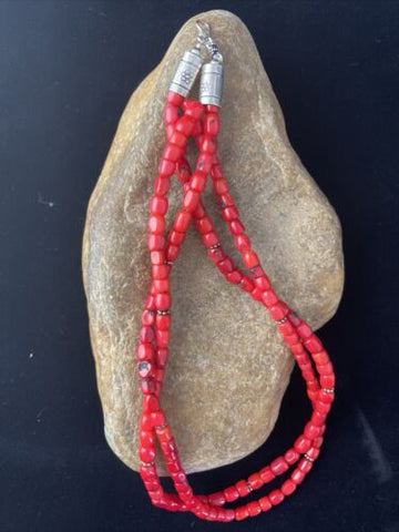 Native Red Stabilized Coral Heishi 2S Sterling Silver Necklace 18” 1765
