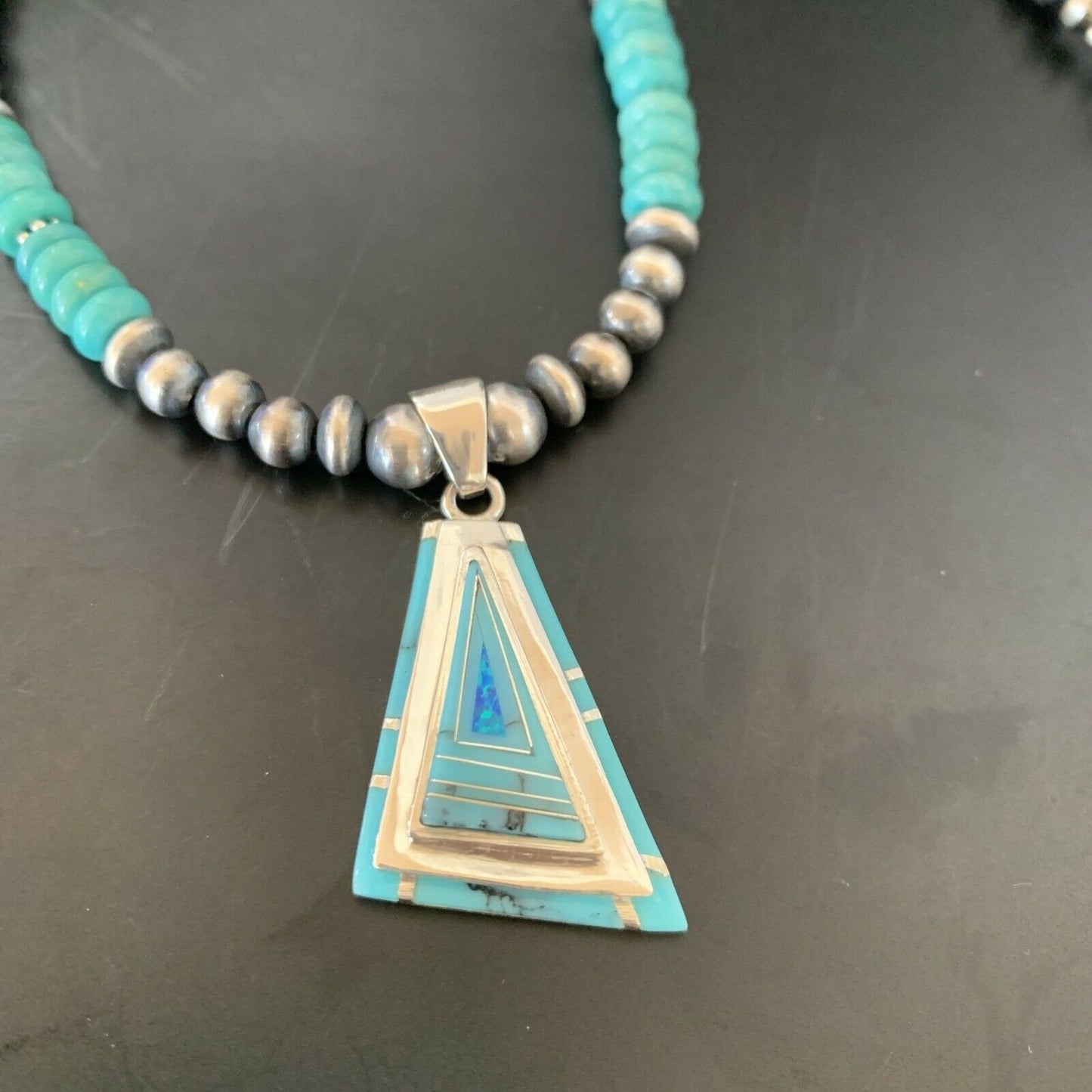 Authentic Native American Navajo Sterling Silver Pendant | Blue Turquoise & Opal Inlay Necklace | 11475