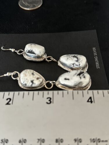 Navajo White Buffalo Turquoise Dangle Earrings | Sterling Silver | 2" | Authentic Native American Handmade | 14714
