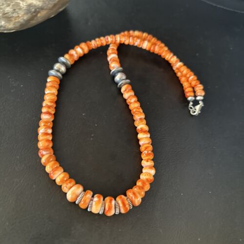 Navajo Orange Spiny Oyster Necklace | Sterling Silver Pearls | 20" | Authentic Native American Handmade | 14645