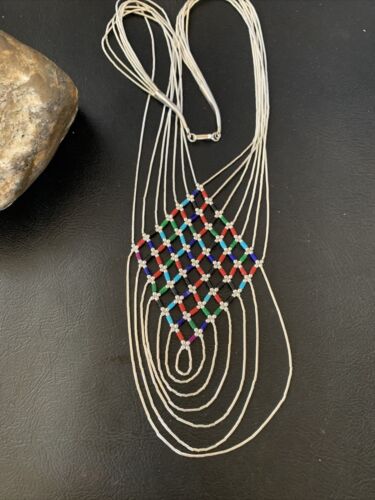Multi-Color Liquid Silver Heishi Necklace | 7 Strand Sterling Silver Tubes | 18" | 12624