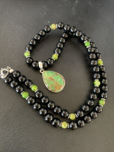 Navajo Pearls Onyx Mojave Turquoise Pendant Necklace | Sterling Silver | Authentic Native American Handmade | 13253