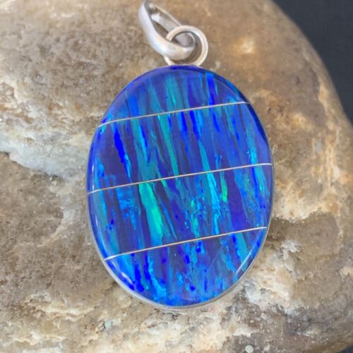 Navajo Sterling Silver Peacock Blue Opal Inlay Pendant | Men's Women's | Authentic Native American | 13141